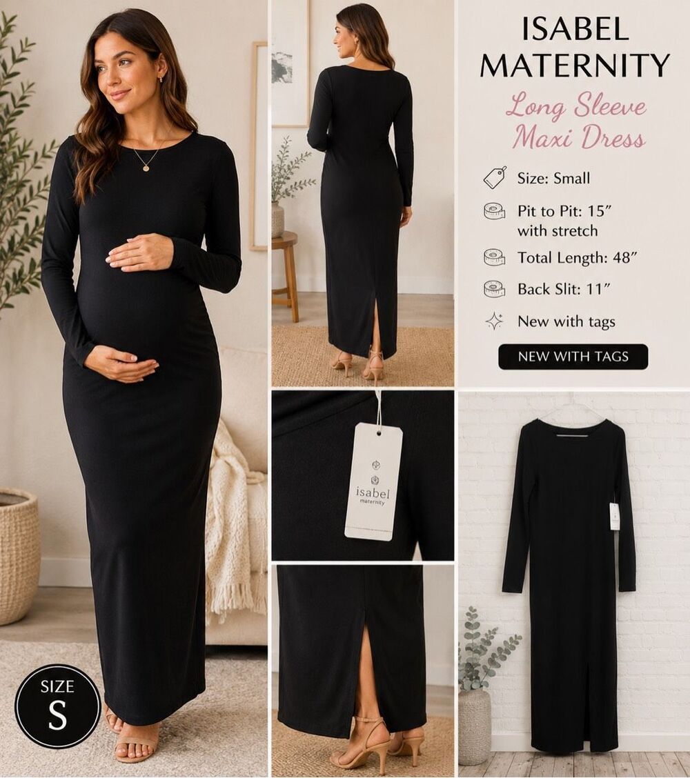  Isabel Maternity Size Small Black Long Sleeve Maxi Dress NWT